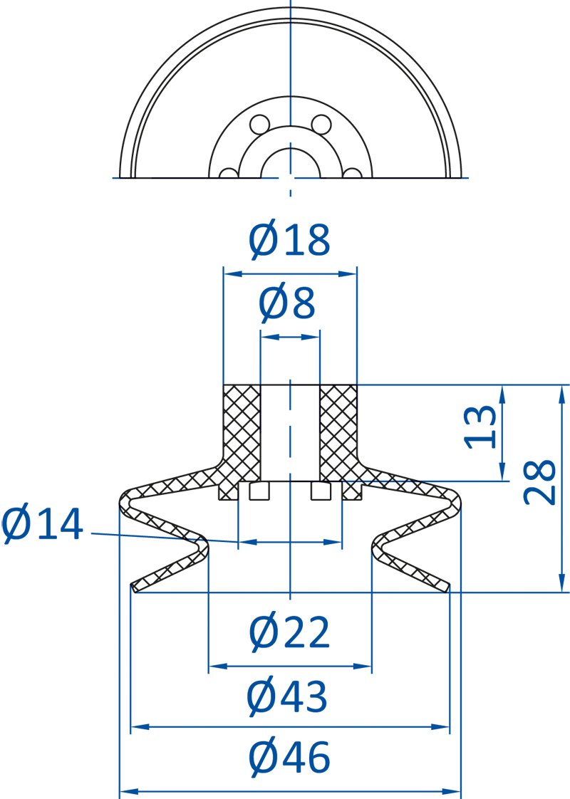 Размеры сильфонной вакуумной присоски FIPA серии SKT-B1 23.043.242